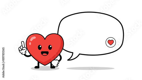Happy red heart character pointing up and standing next to a large blank speech bubble for health or love messages.