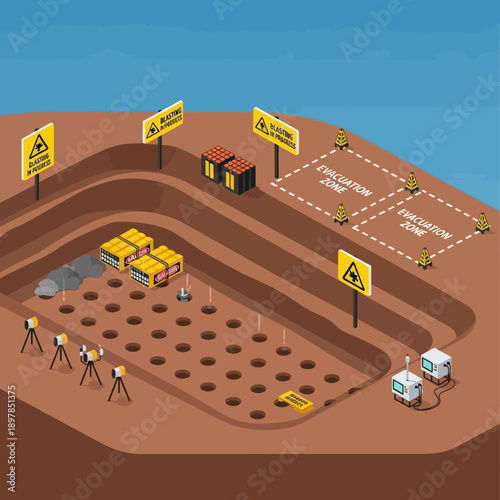 Underground drilling site with warning signs and equipment.
