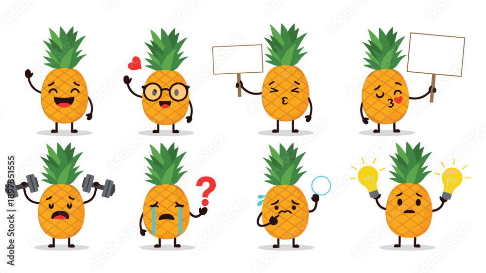 Fototapeta premium Collection of pineapple characters featuring various emotions like happy, loving, sad, crying, and thinking with light bulbs.