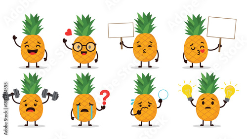 Collection of pineapple characters featuring various emotions like happy, loving, sad, crying, and thinking with light bulbs.