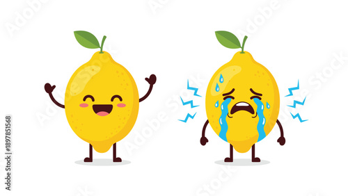 Two yellow lemon characters showing contrasting emotions of extreme joy and intense sadness with blue tears.