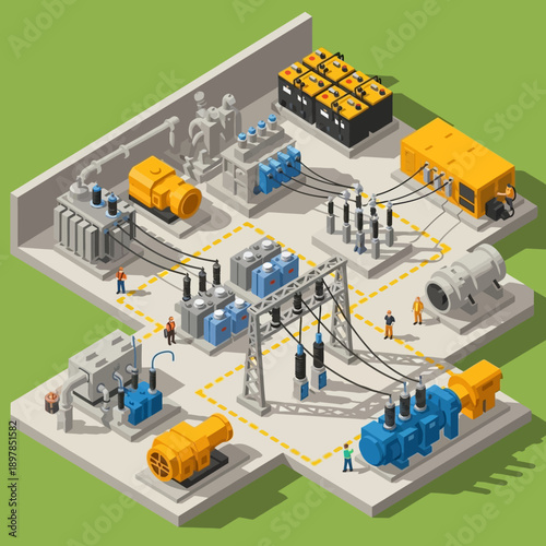 Isometric illustration of an electrical substation with various equipment and workers.