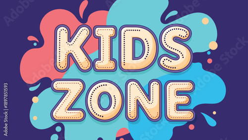 Colorful and playful Kids Zone title in stylized letters on a vibrant blue and pink splash background for children areas.