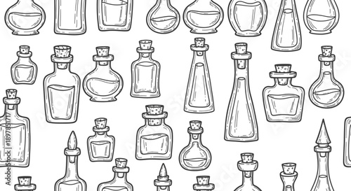 Artistic Illustration of Vintage Bottles Displayed in a Patterned Design