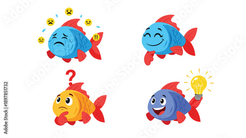 Set of colorful fish characters expressing different emotions such as crying, thinking, and having a bright idea for educational concepts.