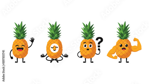 Collection of cute pineapple characters in different poses including waving, meditating, and showing strength for healthy lifestyle themes.