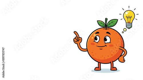 Happy orange fruit character pointing up at a glowing light bulb representing a great idea and the benefits of vitamin c for brain health.