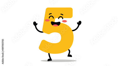 Cheerful number five character dancing with a happy face and raised arms representing childhood education and mathematical fun for kids.