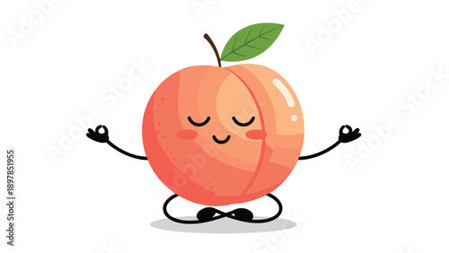 Cute peach fruit character sitting in a lotus pose and meditating to represent healthy living, tranquility, and mindfulness in nutrition.