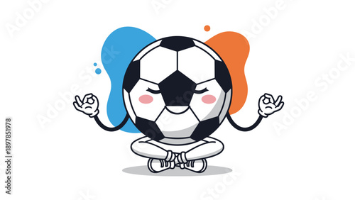 Soccer ball character sitting in a meditation pose with eyes closed and hands in mudra to symbolize mental focus and sports psychology.