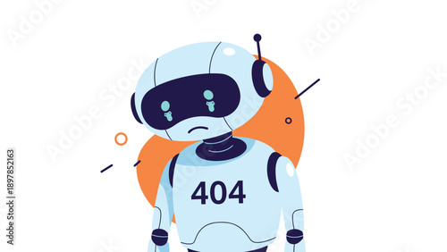 Sad robot character with a 404 error message on its chest representing technology failure, website errors, and lost internet connection.