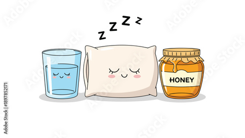 Glass of water, pillow, and honey jar characters sleeping peacefully to represent natural remedies for insomnia and a good night rest.