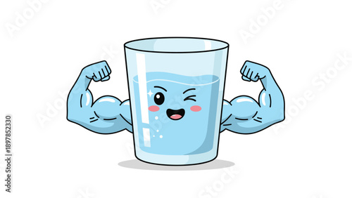 Strong glass of water character showing muscular arms and winking to promote the health benefits of hydration and clean drinking water.