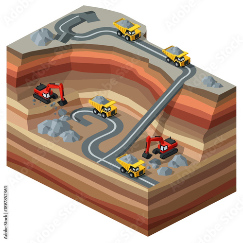 Isometric illustration of construction site with excavators and dump trucks.