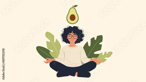 Peaceful woman sitting in a lotus pose meditating with an avocado symbol above her to represent healthy eating and mental wellness.