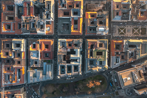 Bild auf Leinwand Top View Aerial Drone Photography of Historic Budapest Hungary City Blocks with