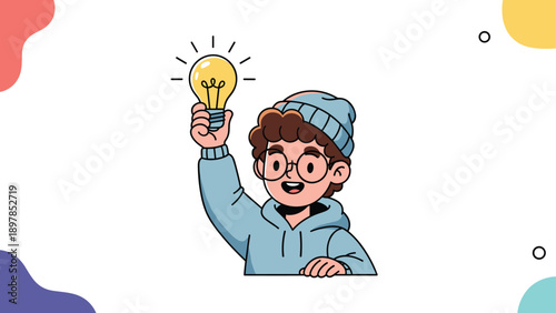 Creative boy wearing glasses and a beanie holding a glowing lightbulb to represent having a great idea or sudden creative inspiration.
