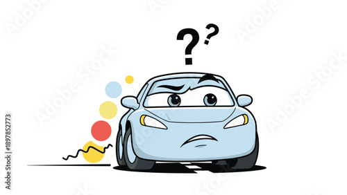 Confused blue car cartoon character with question marks to represent vehicle problems car maintenance or navigation issues.