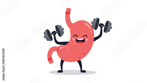 Healthy stomach organ cartoon character exercising by lifting heavy dumbbells to represent good digestive health and strength.