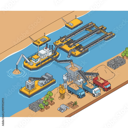 Dredging Operation in a River with Heavy Machinery and Equipment.