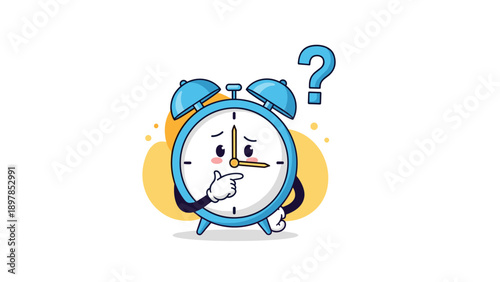 Puzzled blue alarm clock mascot character with hand on chin looking confused with a large question mark floating above its head.