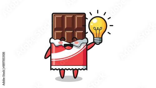 Happy chocolate bar character in a red wrapper holding a bright glowing light bulb representing a sweet and creative idea.
