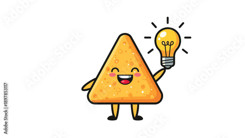 Cheerful yellow tortilla chip mascot character holding up a lit light bulb to show a clever food concept or recipe idea.
