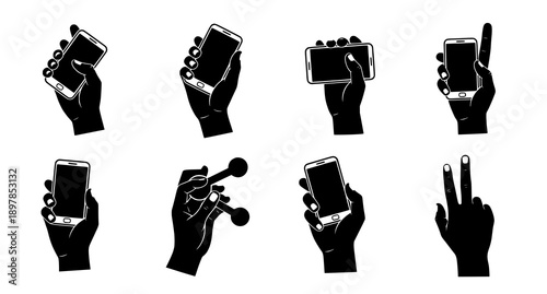 Bold black silhouettes of hands raising smartphones male and female gesture vector set isolated on white background