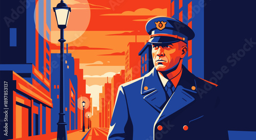 A Striking Vector Illustration of a Uniformed Officer Standing Tall Against an Urban Sunset Backdrop