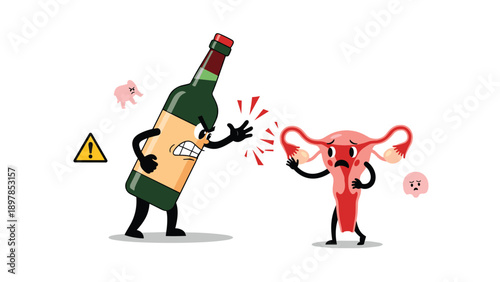 Angry wine bottle mascot character shouting at a scared and trembling female uterus organ character to represent harm.