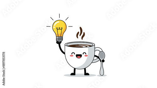 Happy white coffee cup mascot character holding a lit light bulb and a silver spoon for creative break ideas and inspiration.