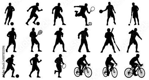 Sports people silhouettes vector set with dynamic full body athlete action poses isolated on white background