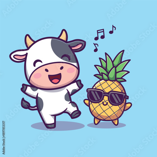 Cute Vector Cow Dancing with Pineapple Cartoon Farm Fruit Illustration