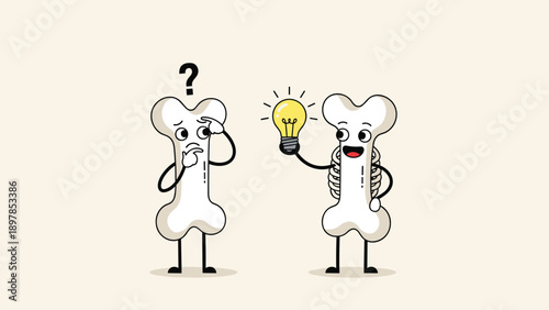 Two bone mascot characters comparing a confused state with a bright idea represented by a glowing yellow light bulb.