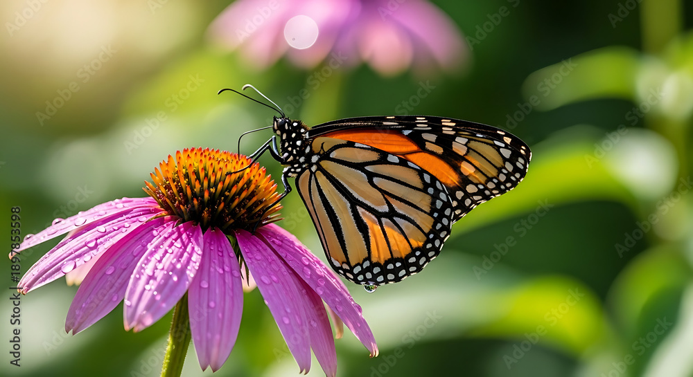 Obraz premium Monarch butterfly resting on a vibrant purple coneflower in sunlight