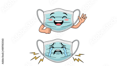 Happy blue medical face mask character waving its hand next to a crying mask with lightning symbols indicating damage or stress.