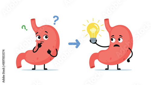 Human stomach character feeling confused with question marks before finding a solution shown by a glowing yellow light bulb idea.