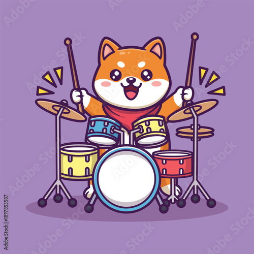 Cute Vector Shiba Inu Dog Playing Drum Set Cartoon Animal Illustration