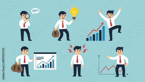 Collection of businessman characters in different poses including searching, finding ideas, celebrating success, and feeling angry.