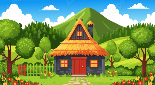 Charming Countryside Cottage Vector Illustration with Lush Greenery and Mountain Backdrop