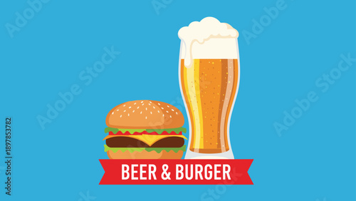 Tall glass of cold beer with thick foam standing next to a delicious cheeseburger on a blue background with a beer and burger banner.