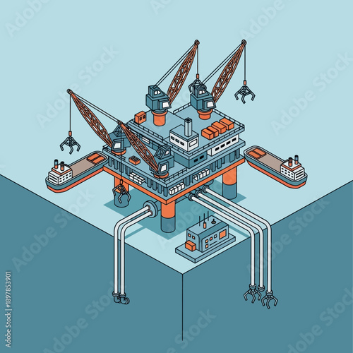 Offshore oil rig platform with cranes and pipelines in the ocean.