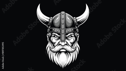 Powerful black and white illustration of a Viking warrior head with a horned helmet and a long beard, warrior mascot logo.