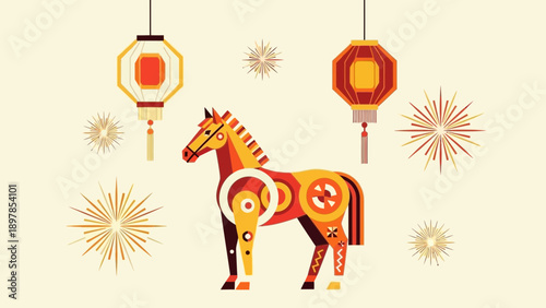 Stylized Horse Zodiac Symbol with Asian Lanterns and Festive Elements