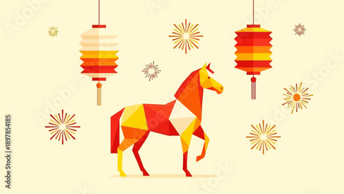 Low Poly Horse Silhouette with Festive Asian Lanterns and Firework Accents