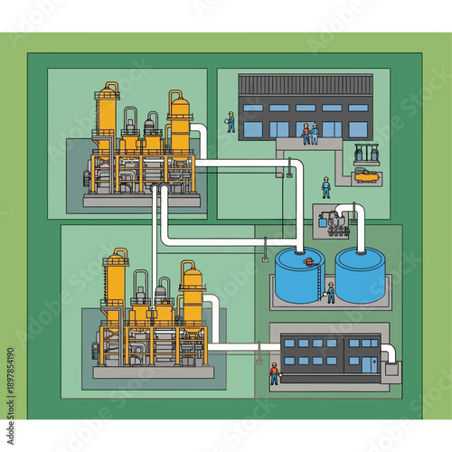 Industrial facility diagram with tanks and pipes.