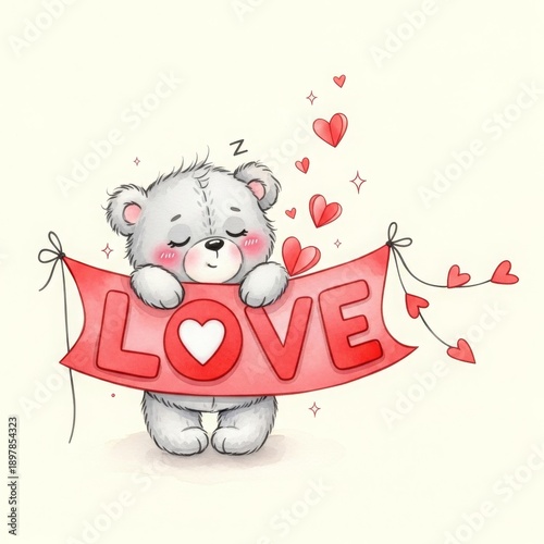 Cute White Teddy Bear Holding Love Banner with Floating Hearts for Valentine's Day and Romance