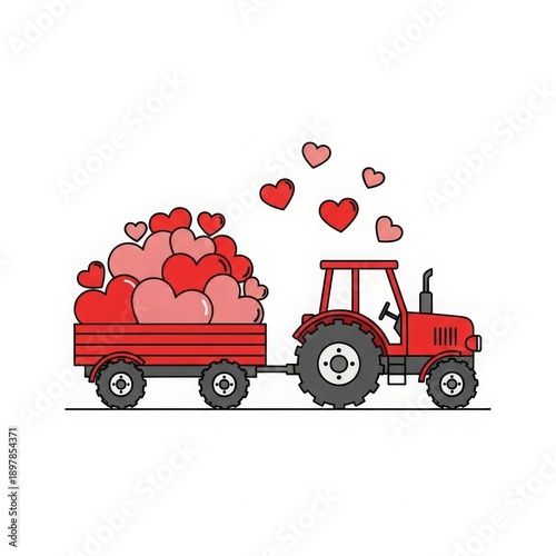 Red tractor carrying giant pile of love hearts in countryside field with floating hearts
