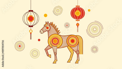 Stylized Equine Figure with Traditional Asian Lanterns for Lunar New Year Celebration