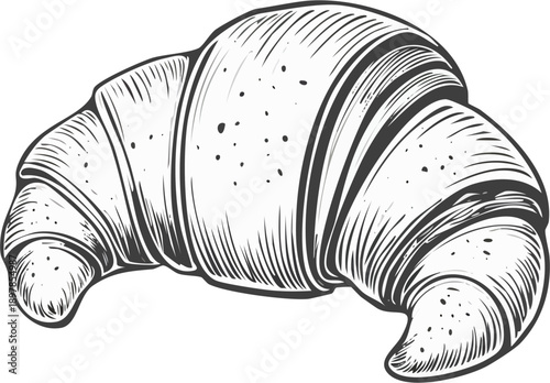 Hand drawn croissant engraving illustration, classic vintage line art, detailed pastry texture